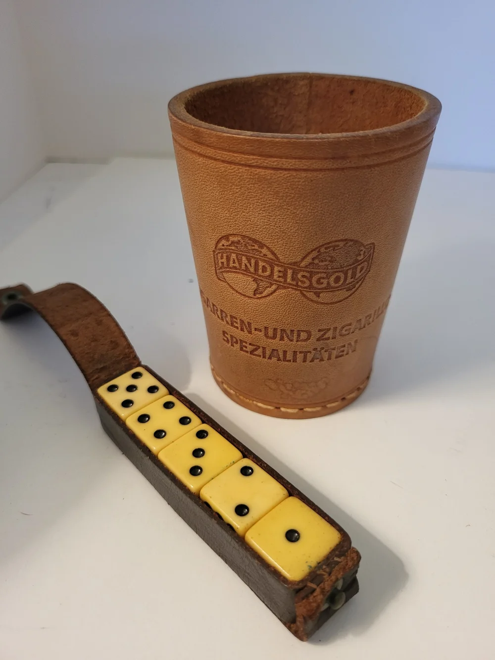 1960s German Handelsgold Leather Dice Cup and Set/5 Dice